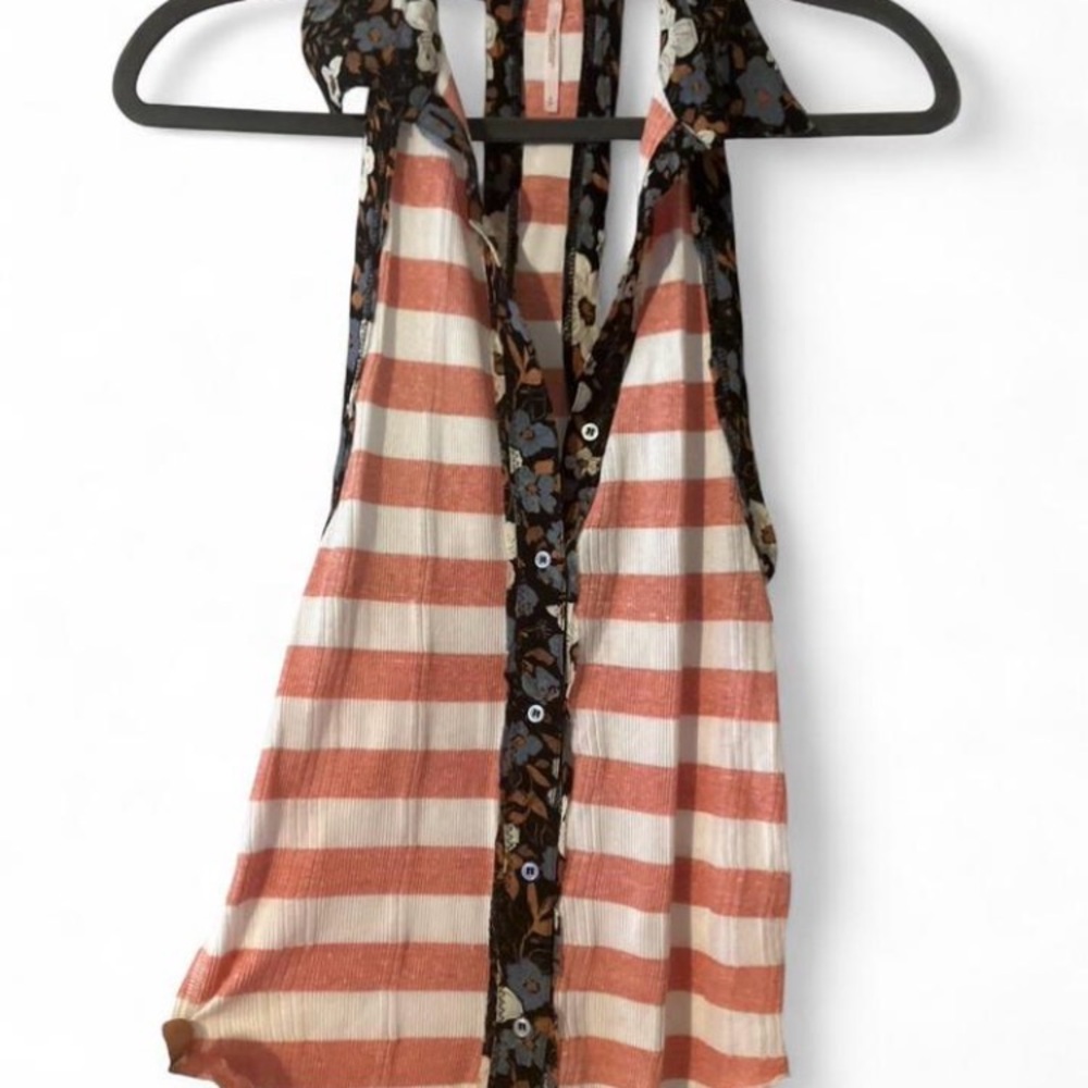 Free People Black Floral Shirt with Pink Stripes